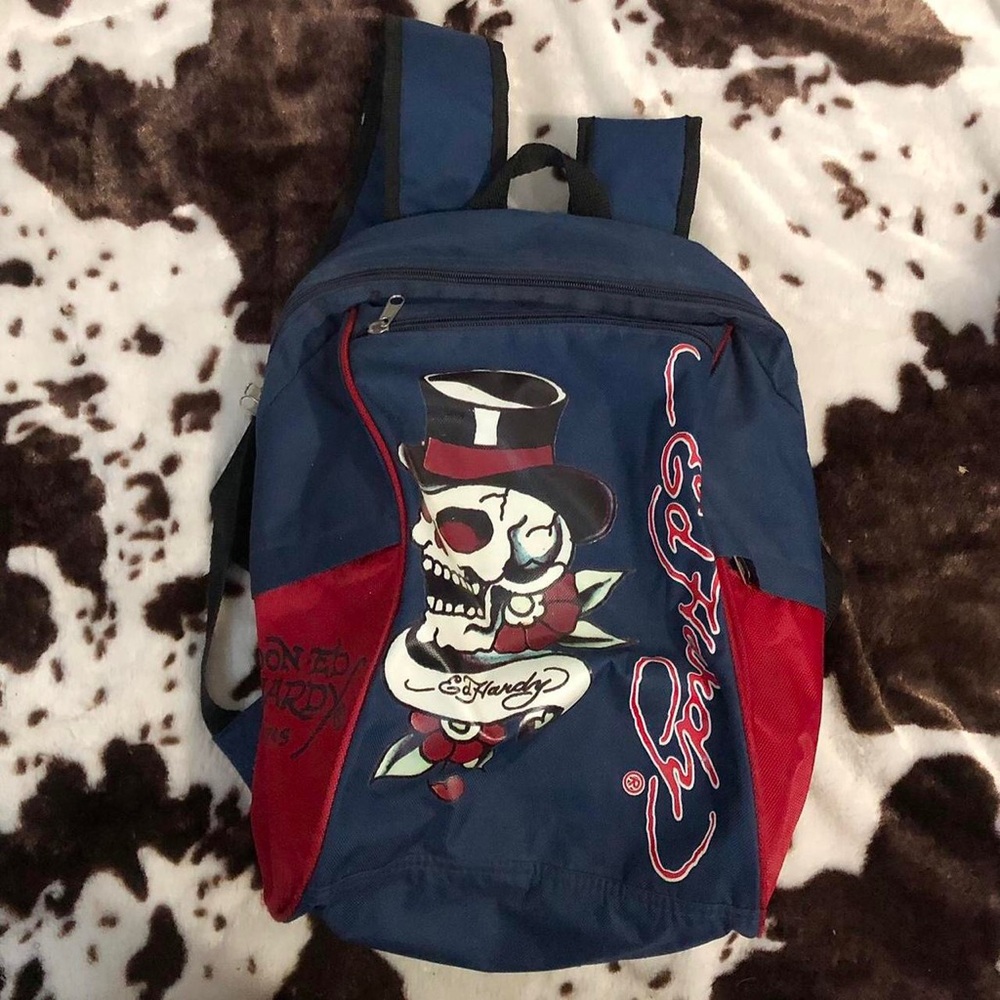 Y2K Ed Hardy Blue Red Goth Punk Grunge Emo Skater Streetwear 2000 Backpack Skull